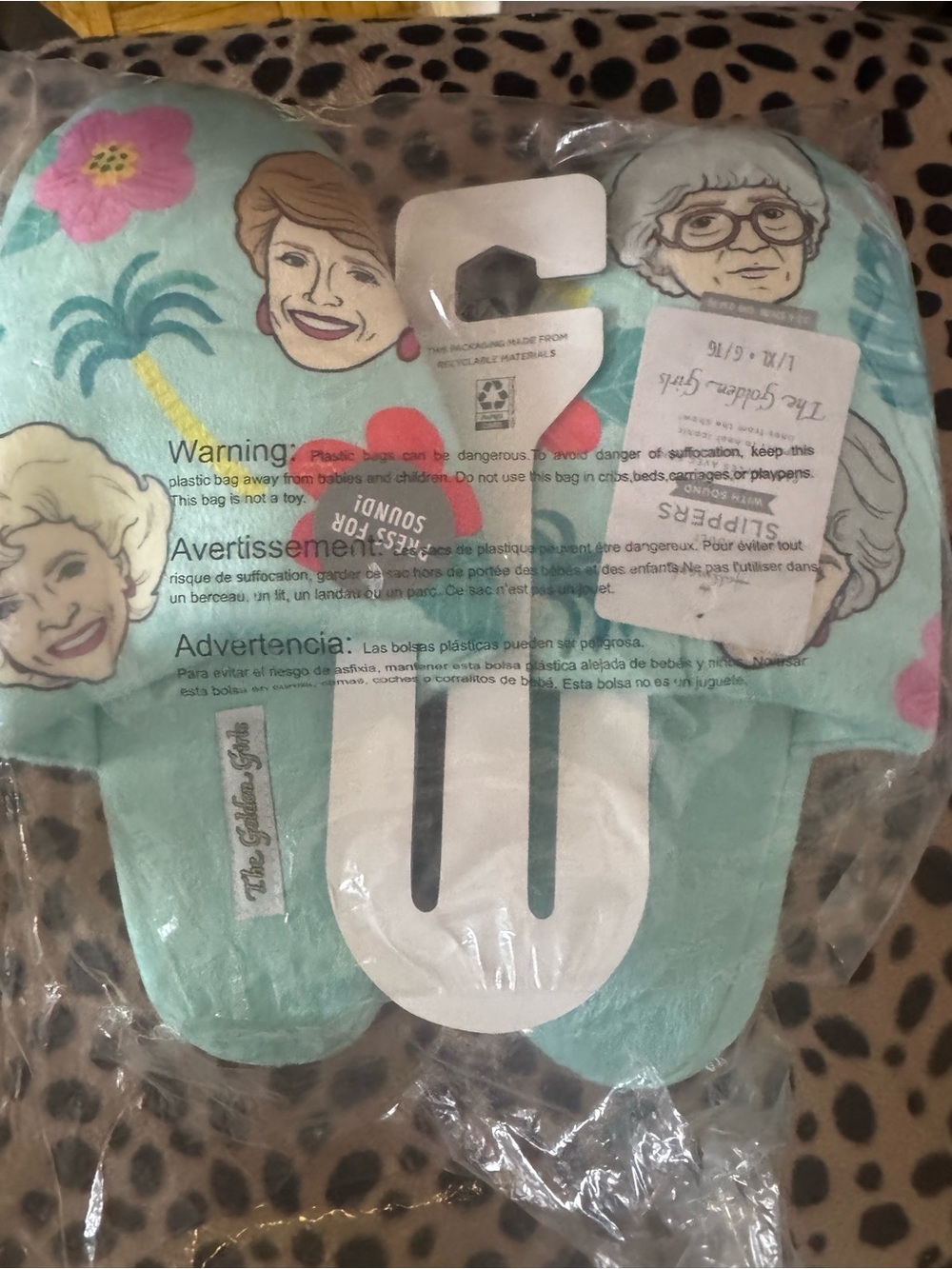 The Golden Girls Plush Slippers - Mint with Faces and Floral Accents